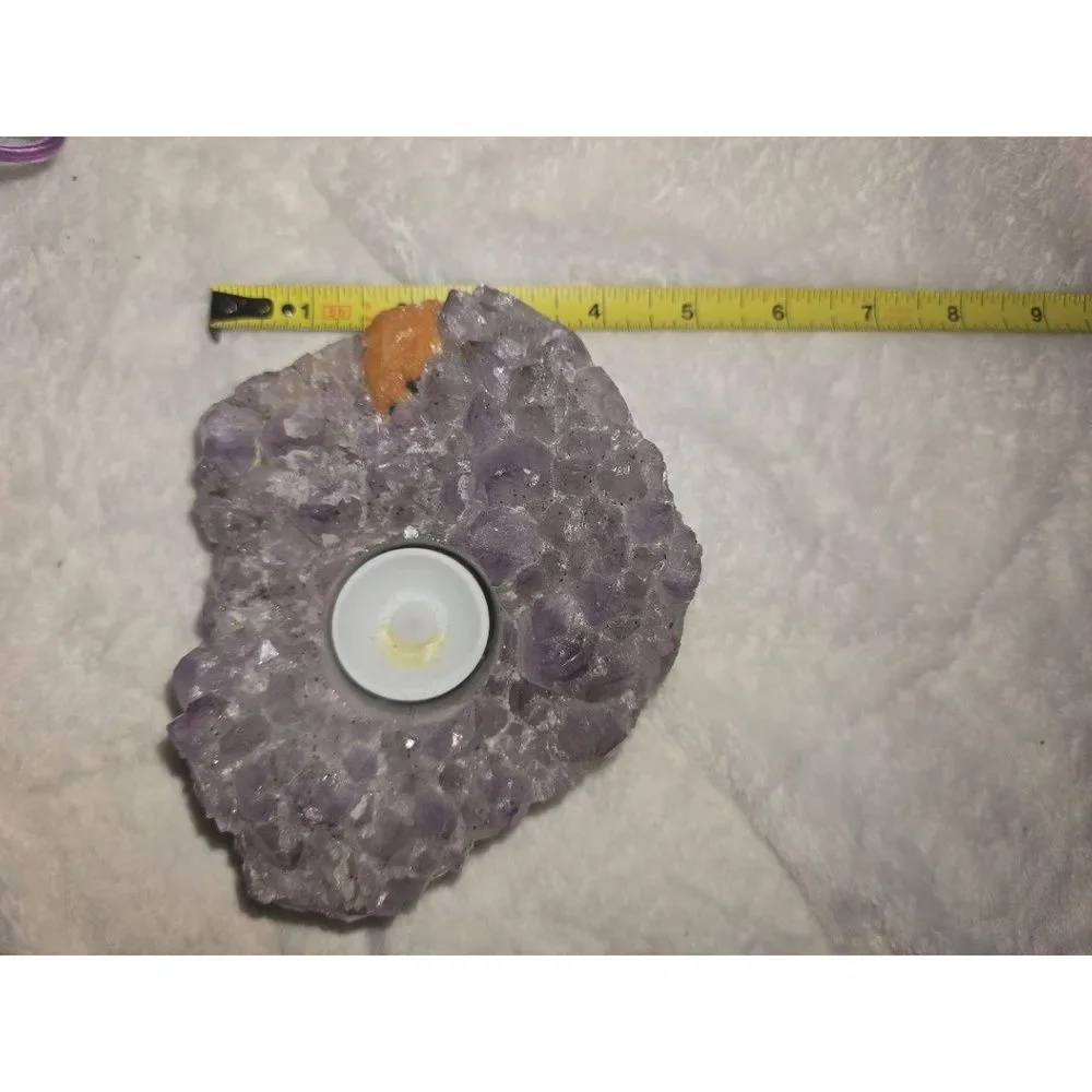 Natural Amethyst Crystal Geode Tea Light Holder LED Flameless Candle Home Decor